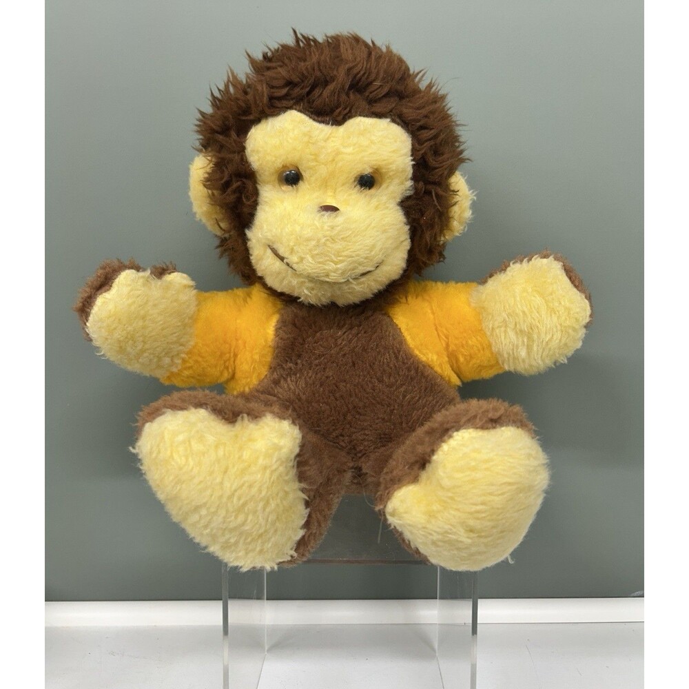 Vintage Plush Stuffed Animal Monkey Brown Orange Hard Eyes